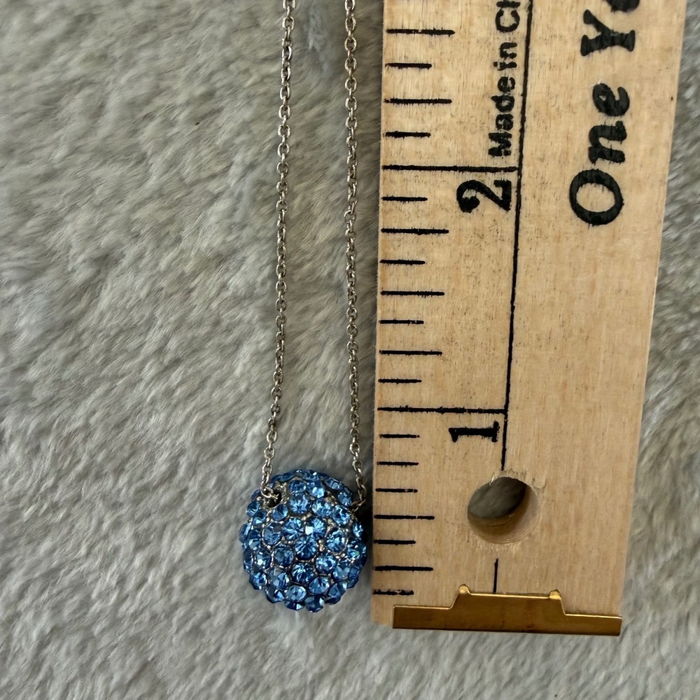 Monet Blue Crystal Pave Ball Pendant Necklace Silver Tone Modern, Flaw Shown - Picture 11 of 11